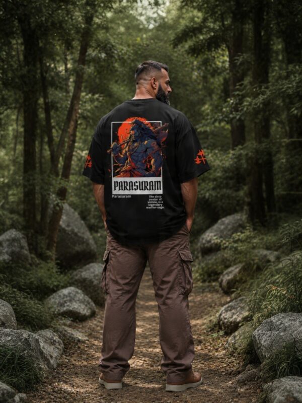 Men's Black Oversized T Shirt | Lord Parashuram Graphic Printed T Shirt | Religious T Shirt for Men | 240 GSM Loopknit Streetwear