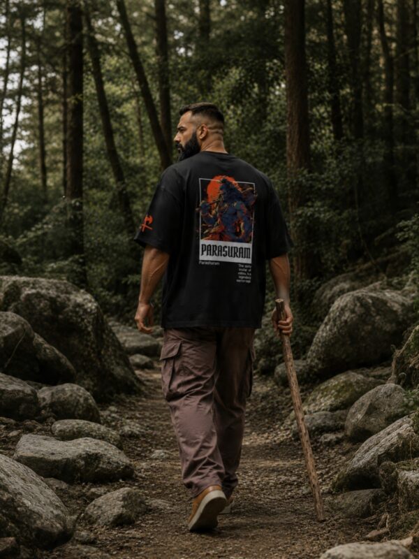Men's Black Oversized T Shirt | Lord Parashuram Graphic Printed T Shirt | Religious T Shirt for Men | 240 GSM Loopknit Streetwear