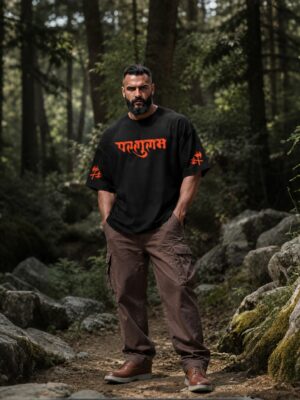 Men's Black Oversized T Shirt | Lord Parashuram Graphic Printed T Shirt | Religious T Shirt for Men | 240 GSM Loopknit Streetwear