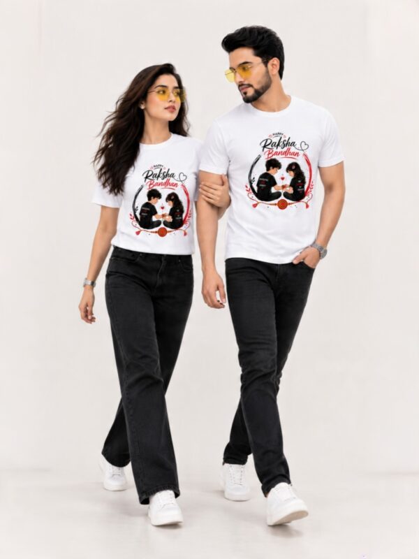 retouch_2026073012184882.jpg Happy Raksha Bandhan Brother Sister Matching T-Shirt | Cute Sibling Rakhi Celebration Printed T-Shirt | Premium Meshknit 180 GSM Unisex Tee
