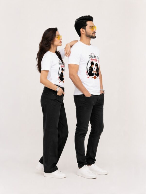 retouch_2026073012191929.jpg Happy Raksha Bandhan Brother Sister Matching T-Shirt | Cute Sibling Rakhi Celebration Printed T-Shirt | Premium Meshknit 180 GSM Unisex Tee