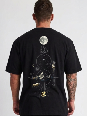 Mahakal Trishul Oversized T-Shirt for Men | Lord Shiva Om Print Black Tee | Loopknit 240 GSM Streetwear