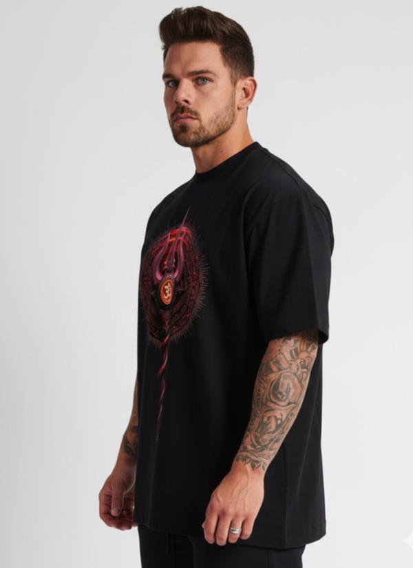 Mahakal Trishul Oversized T-Shirt for Men | Lord Shiva Om Print Black Tee | Loopknit 240 GSM Streetwear