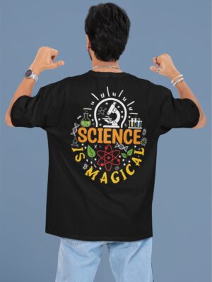 Black Science Graphic Printed Men’s Oversized T-Shirt | “Science Is Magic” Statement Back Print | Loopknit Fabric 240 GSM | Premium Casual Streetwear Tee – GiftSpeaks