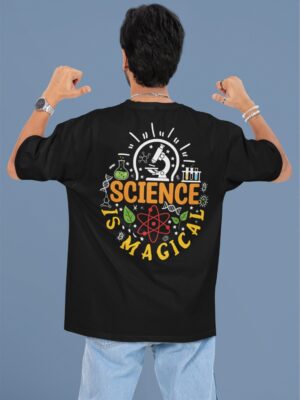 Black Science Graphic Printed Men’s Oversized T-Shirt | “Science Is Magic” Statement Back Print | Loopknit Fabric 240 GSM | Premium Casual Streetwear Tee – GiftSpeaks
