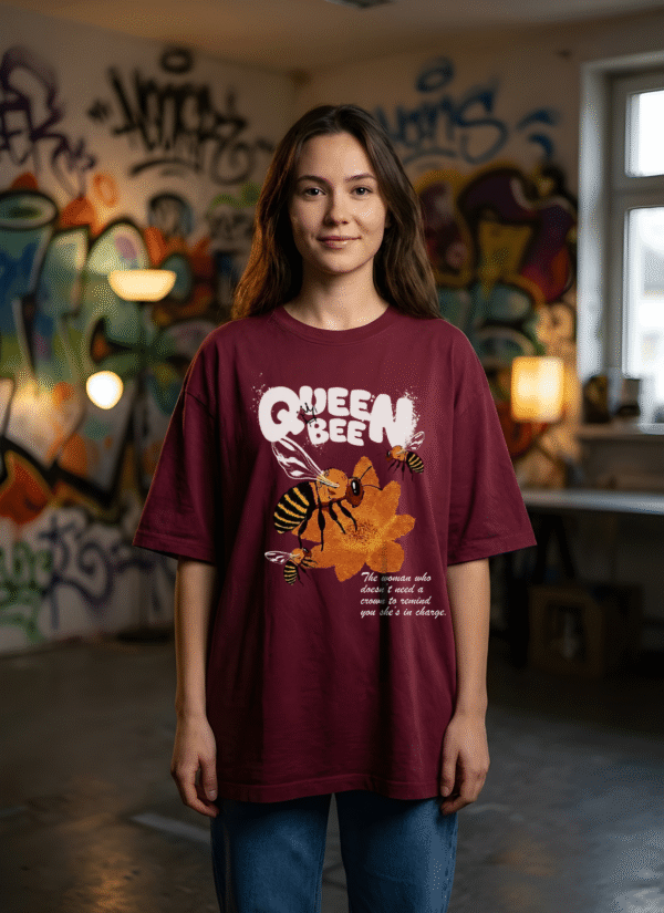 tfbNxoM5_Z6FXMXYVJO_2026-02-05_1.png Womens Oversized Queen Bee Graphic T-Shirt | Premium Loopknit 240 GSM | Stylish Casual Wear by giftspeaks