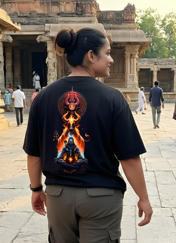 Mahakal Trishul Oversized T-Shirt for Women | Lord Shiva Om Print Black Tee | Loopknit 240 GSM Streetwear