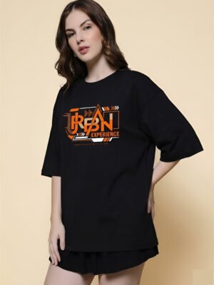 Women Oversized Black T-Shirt | Urban Experience Graphic Print | Premium Loopknit Cotton 240 GSM | Streetwear Style by Giftspeaks