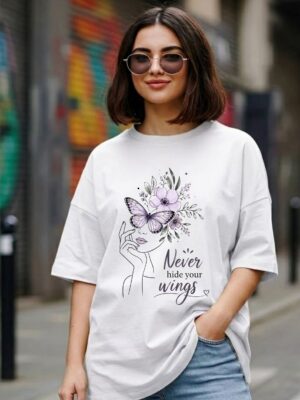 Women's Oversized Butterfly Floral Graphic Printed T-Shirt | Trendy White Aesthetic Typography Baggy Tee for Girls & Women | Casual Drop Shoulder Half Sleeve Round Neck Streetwear Fashion T-Shirt | Loopknit 240 GSM Premium Oversized Fit
