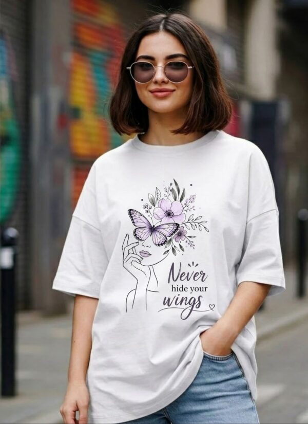 vpwDWj1P_OU5MSI8W47_2026-05-25_1.jpg Women's Oversized Butterfly Floral Graphic Printed T-Shirt | Trendy White Aesthetic Typography Baggy Tee for Girls & Women | Casual Drop Shoulder Half Sleeve Round Neck Streetwear Fashion T-Shirt | Loopknit 240 GSM Premium Oversized Fit