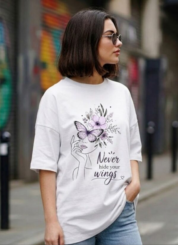 vpwDWj1P_ZFBBOEKS3A_2026-05-25_3.jpg Women's Oversized Butterfly Floral Graphic Printed T-Shirt | Trendy White Aesthetic Typography Baggy Tee for Girls & Women | Casual Drop Shoulder Half Sleeve Round Neck Streetwear Fashion T-Shirt | Loopknit 240 GSM Premium Oversized Fit