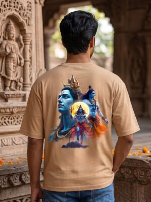 Mahakal Divine Graphic Oversized Beige T-Shirt for Men & Women | Spiritual Lord Shiva Back Print | Premium 240 GSM Loopknit Cotton | Unisex Streetwear Devotional Design | Front Sanskrit Typography & Detailed Back Artwork