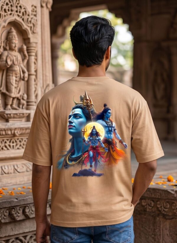 Mahakal Divine Graphic Oversized Beige T-Shirt for Men & Women | Spiritual Lord Shiva Back Print | Premium 240 GSM Loopknit Cotton | Unisex Streetwear Devotional Design | Front Sanskrit Typography & Detailed Back Artwork