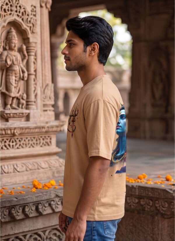 Mahakal Divine Graphic Oversized Beige T-Shirt for Men & Women | Spiritual Lord Shiva Back Print | Premium 240 GSM Loopknit Cotton | Unisex Streetwear Devotional Design | Front Sanskrit Typography & Detailed Back Artwork