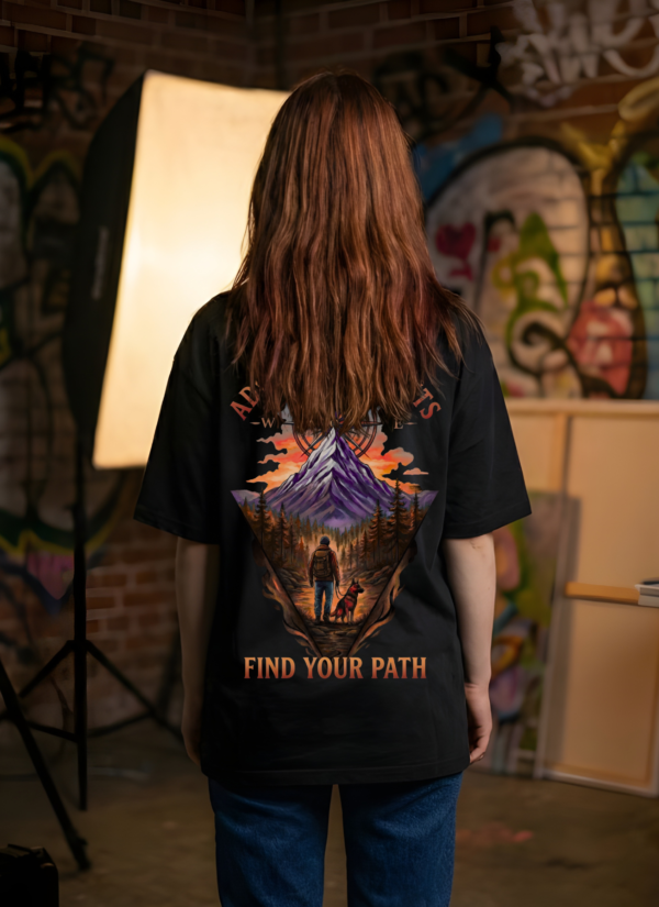 Womens Oversized Adventure Awaits Graphic T-Shirt | Premium Loopknit 240 GSM | Back Print Streetwear by giftspeaks