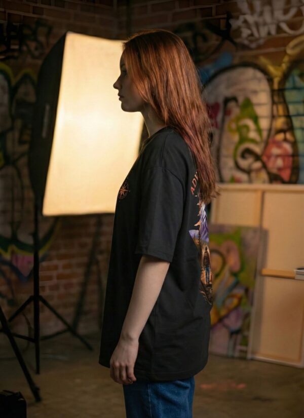 Womens Oversized Adventure Awaits Graphic T-Shirt | Premium Loopknit 240 GSM | Back Print Streetwear by giftspeaks