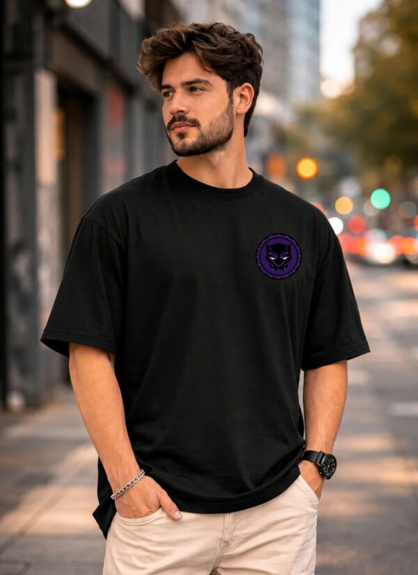 Black Panther Oversized Graphic T-Shirt for Men | Wakanda Superhero Back Print Streetwear Tee | Marvel Inspired Anime Comic Style Casual Cotton Tshirt