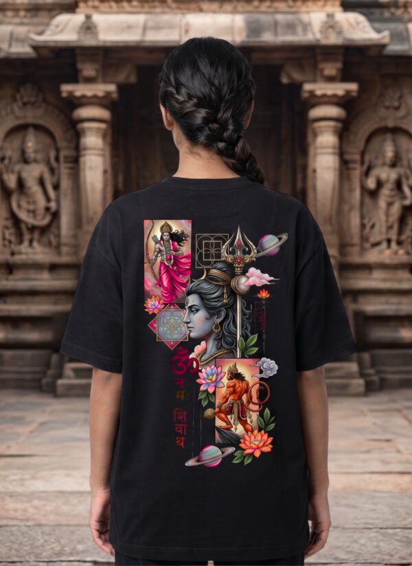 Unisex Oversized Shiva & Hanuman Graphic T-Shirt | Divine Fusion Artwork, Black Cotton Tee