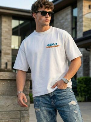 wtjRLw5F_GULDQJJWI8_2026-05-21_1.jpeg Mens White Oversized T-Shirt with Gen-Z Cockroach Back Print | Viral Streetwear Aesthetic Baggy Fit Tee for Men | Korean Fashion Inspired Drop Shoulder Half Sleeve Round Neck Oversized T-Shirt | Premium Loopknit 240 GSM
