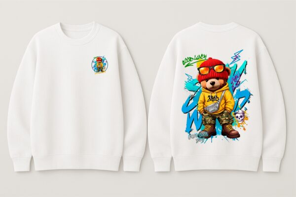 x_L4Ts0G_53P4WMF9LT_2026-01-30_5.jpg Bad Luck Cool Bear Graphic White Sweatshirt for Men | Cartoon Streetwear Back Print | Premium Fleece 300 GSM | By Giftspeaks