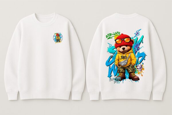 x_L4Ts0G_53P4WMF9LT_2026-01-30_5.jpg Bad Luck Cool Bear Graphic White Sweatshirt for Men | Cartoon Streetwear Back Print | Premium Fleece 300 GSM | By Giftspeaks