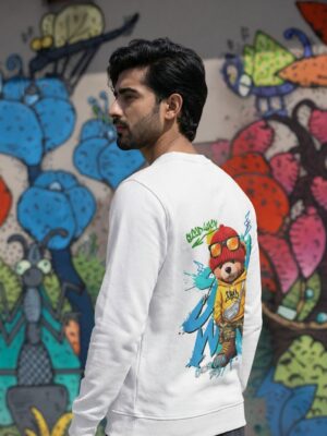 Bad Luck Cool Bear Graphic White Sweatshirt for Men | Cartoon Streetwear Back Print | Premium Fleece 300 GSM | By Giftspeaks
