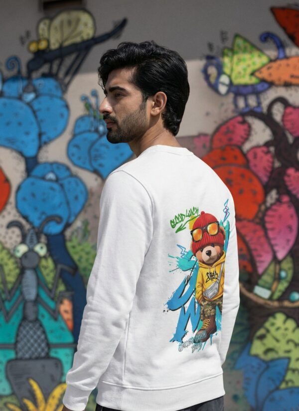 x_L4Ts0G_WWRX6EESC1_2026-01-30_1.jpg Bad Luck Cool Bear Graphic White Sweatshirt for Men | Cartoon Streetwear Back Print | Premium Fleece 300 GSM | By Giftspeaks