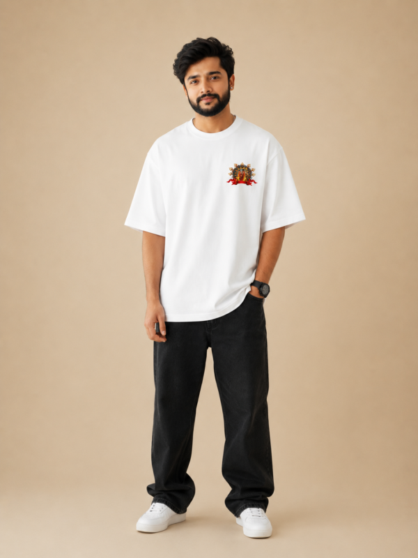 ChatGPT Image Sep 1, 2026, 03_27_57 PM Men's White Oversized T-Shirt with Lord Ganesha Graphic Print | 240 GSM Premium Loopknit Fabric | Front & Back Printed Half Sleeve Round Neck Loose Fit T-Shirt | Stylish Spiritual Streetwear Casual Tee for Men