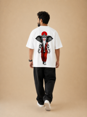 ChatGPT Image Sep 1, 2026, 03_28_43 PM Men's White Oversized T-Shirt with Lord Ganesha Graphic Print | 240 GSM Premium Loopknit Fabric | Front & Back Printed Half Sleeve Round Neck Loose Fit T-Shirt | Stylish Spiritual Streetwear Casual Tee for Men
