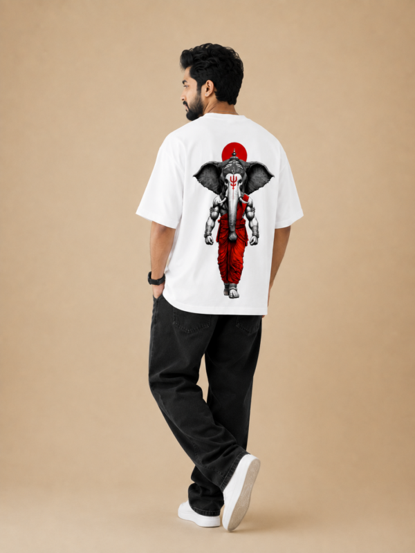 ChatGPT Image Sep 1, 2026, 03_31_17 PM Men's White Oversized T-Shirt with Lord Ganesha Graphic Print | 240 GSM Premium Loopknit Fabric | Front & Back Printed Half Sleeve Round Neck Loose Fit T-Shirt | Stylish Spiritual Streetwear Casual Tee for Men
