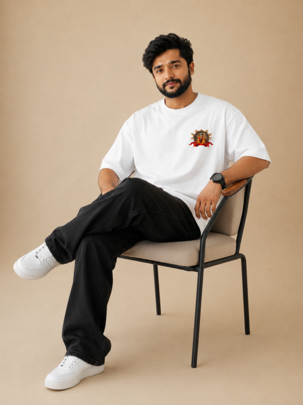 ChatGPT Image Sep 1, 2026, 03_35_25 PM Men's White Oversized T-Shirt with Lord Ganesha Graphic Print | 240 GSM Premium Loopknit Fabric | Front & Back Printed Half Sleeve Round Neck Loose Fit T-Shirt | Stylish Spiritual Streetwear Casual Tee for Men