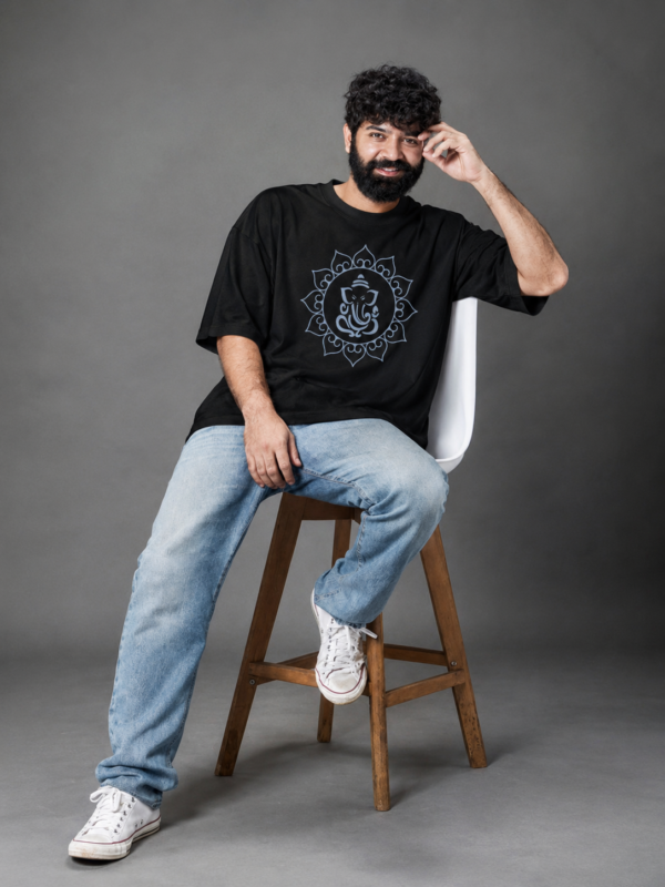 Men's Black Oversized T Shirt | Ganesh Chaturthi Special Printed T-Shirt | 240 GSM Loopknit Fabric | Lord Ganesha Graphic Print Oversize T-Shirt | Half Sleeve Round Neck Casual Streetwear T-Shirt