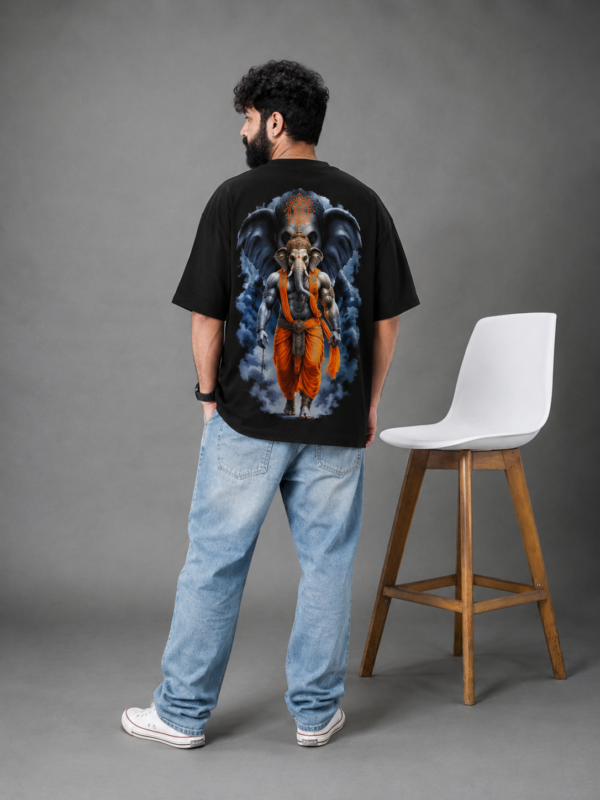 Men's Black Oversized T Shirt | Ganesh Chaturthi Special Printed T-Shirt | 240 GSM Loopknit Fabric | Lord Ganesha Graphic Print Oversize T-Shirt | Half Sleeve Round Neck Casual Streetwear T-Shirt