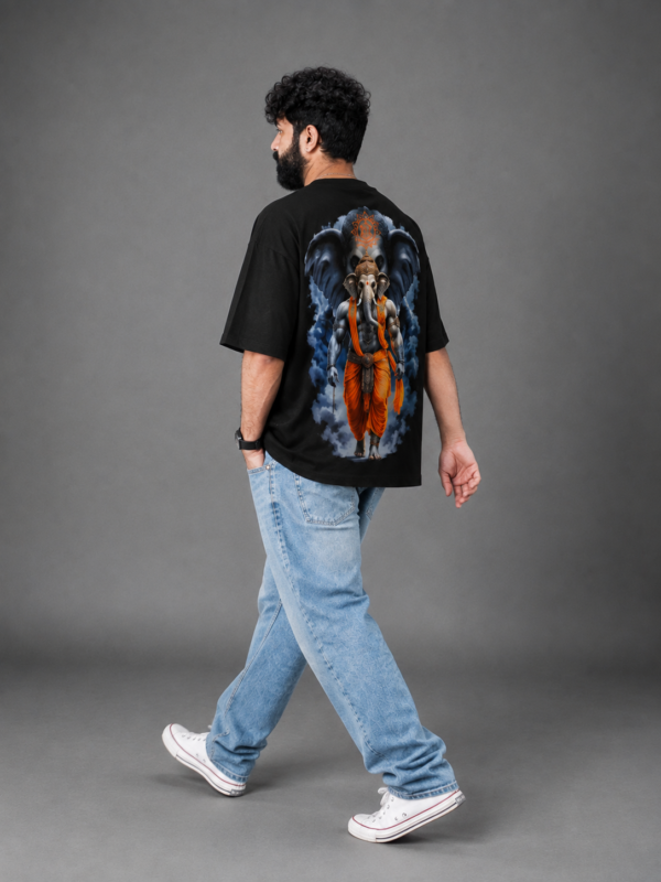 Men's Black Oversized T Shirt | Ganesh Chaturthi Special Printed T-Shirt | 240 GSM Loopknit Fabric | Lord Ganesha Graphic Print Oversize T-Shirt | Half Sleeve Round Neck Casual Streetwear T-Shirt