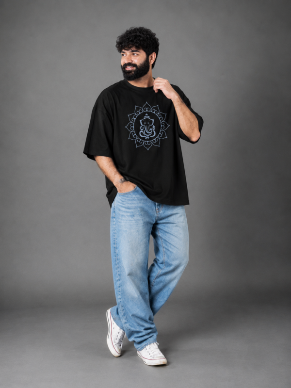 Men's Black Oversized T Shirt | Ganesh Chaturthi Special Printed T-Shirt | 240 GSM Loopknit Fabric | Lord Ganesha Graphic Print Oversize T-Shirt | Half Sleeve Round Neck Casual Streetwear T-Shirt