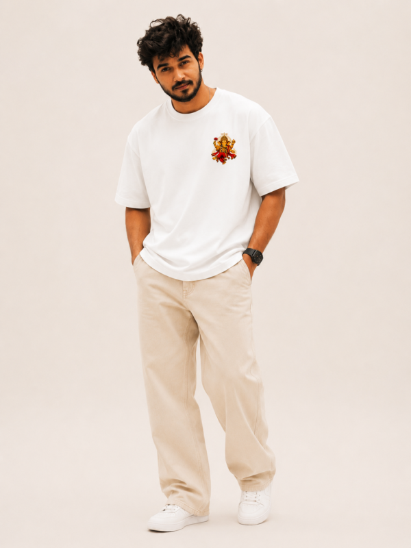 ChatGPT Image Sep 1, 2026, 03_55_15 PM Men's White Oversized T-Shirt with Lord Ganesha Printed Front & Back Design | Premium 240 GSM Loopknit Fabric | Half Sleeve Round Neck Loose Fit Casual Streetwear T-Shirt | Stylish Spiritual Graphic Printed Tee for Men