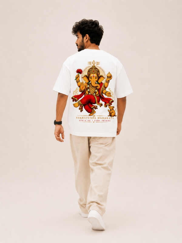 ChatGPT Image Sep 1, 2026, 03_56_52 PM Men's White Oversized T-Shirt with Lord Ganesha Printed Front & Back Design | Premium 240 GSM Loopknit Fabric | Half Sleeve Round Neck Loose Fit Casual Streetwear T-Shirt | Stylish Spiritual Graphic Printed Tee for Men