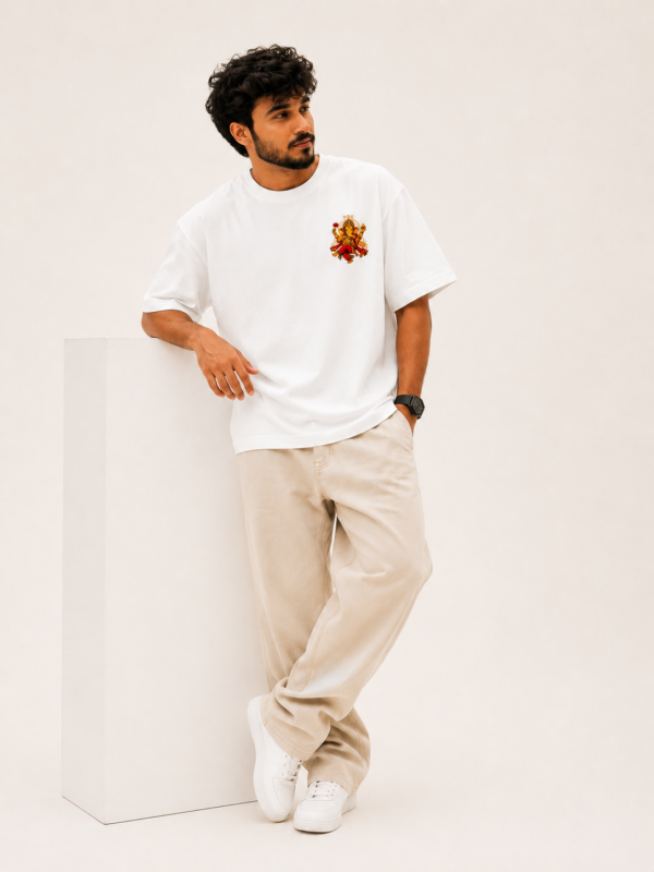 ChatGPT Image Sep 1, 2026, 03_58_16 PM Men's White Oversized T-Shirt with Lord Ganesha Printed Front & Back Design | Premium 240 GSM Loopknit Fabric | Half Sleeve Round Neck Loose Fit Casual Streetwear T-Shirt | Stylish Spiritual Graphic Printed Tee for Men