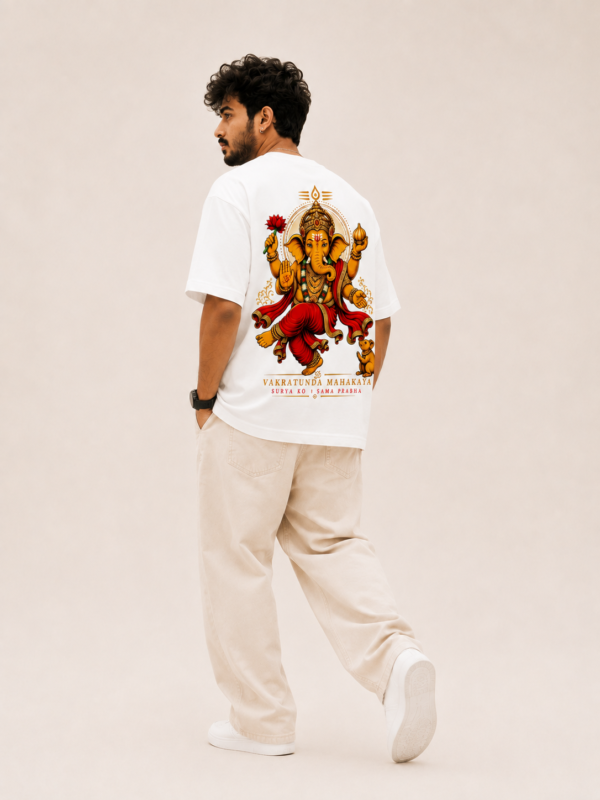 ChatGPT Image Sep 1, 2026, 04_01_54 PM Men's White Oversized T-Shirt with Lord Ganesha Printed Front & Back Design | Premium 240 GSM Loopknit Fabric | Half Sleeve Round Neck Loose Fit Casual Streetwear T-Shirt | Stylish Spiritual Graphic Printed Tee for Men