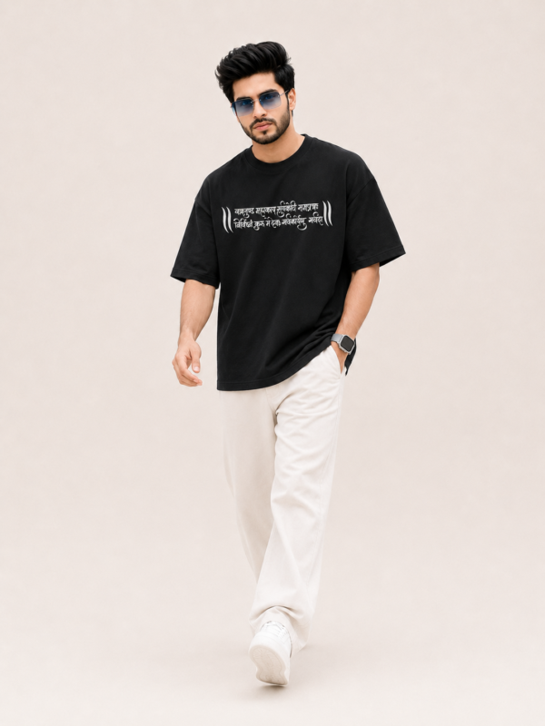 Men's Black Oversized T-Shirt | Lord Ganesha Graphic Back Print | Sanskrit Mantra Front Printed Tee | Ganpati Chaturthi Festive Wear | Half Sleeve Round Neck Streetwear
