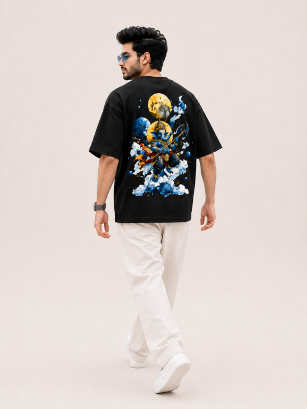 Men's Black Oversized T-Shirt | Lord Ganesha Graphic Back Print | Sanskrit Mantra Front Printed Tee | Ganpati Chaturthi Festive Wear | Half Sleeve Round Neck Streetwear