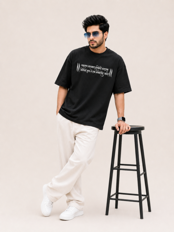 Men's Black Oversized T-Shirt | Lord Ganesha Graphic Back Print | Sanskrit Mantra Front Printed Tee | Ganpati Chaturthi Festive Wear | Half Sleeve Round Neck Streetwear