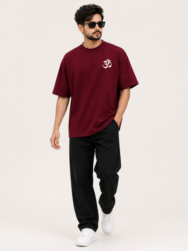 Men Maroon Oversized T Shirt with Lord Ganesha Print | Ganpati Bappa Graphic Tee | Om Printed Front & Ganesh Artwork Back | Festive Ethnic Streetwear Half Sleeve T-Shirt