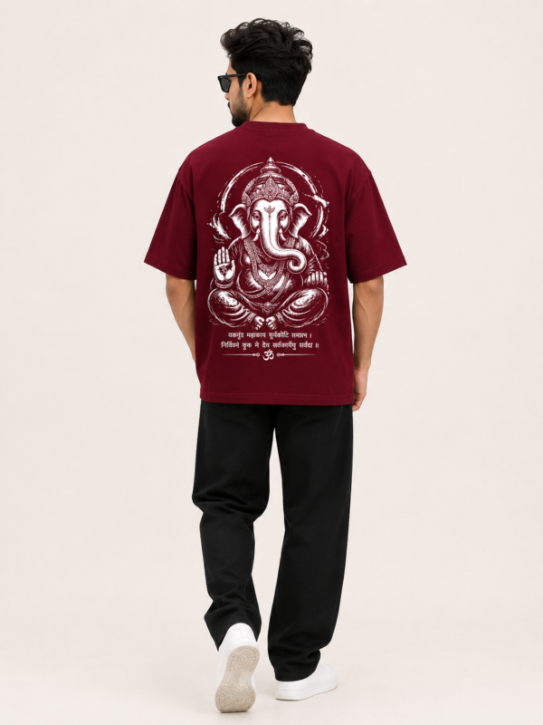 Men Maroon Oversized T Shirt with Lord Ganesha Print | Ganpati Bappa Graphic Tee | Om Printed Front & Ganesh Artwork Back | Festive Ethnic Streetwear Half Sleeve T-Shirt