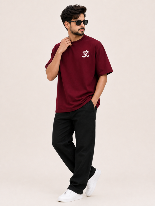 Men Maroon Oversized T Shirt with Lord Ganesha Print | Ganpati Bappa Graphic Tee | Om Printed Front & Ganesh Artwork Back | Festive Ethnic Streetwear Half Sleeve T-Shirt