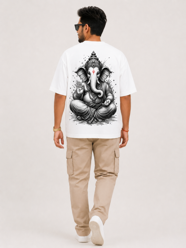ChatGPT Image Sep 1, 2026, 04_55_44 PM Men's White Ganpati Graphic Oversized T-Shirt | Bappa Inspired Front & Back Print | Festive Street Style Half Sleeve Tee | Round Neck Loose Fit T-Shirt for Men
