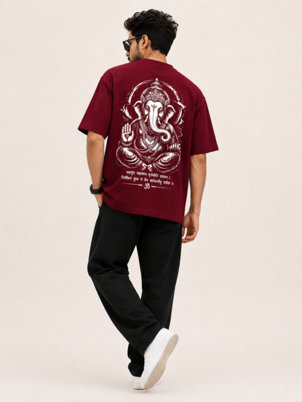 Men Maroon Oversized T Shirt with Lord Ganesha Print | Ganpati Bappa Graphic Tee | Om Printed Front & Ganesh Artwork Back | Festive Ethnic Streetwear Half Sleeve T-Shirt