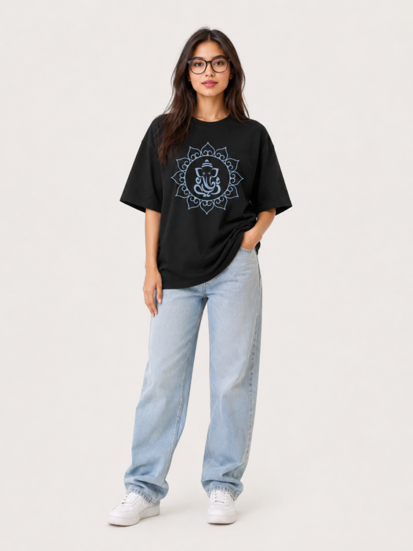 Women’s Black Oversized Lord Ganesha Printed T-Shirt, Loopknit 240 GSM Premium Fabric, Front Mandala Ganesha Graphic & Large Back Ganesha Artwork, Relaxed Loose Fit Half Sleeve Round Neck Graphic Tee, Stylish Spiritual Streetwear Top for Women, Casual Wear, Festive Wear & Ganesh Chaturthi