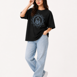 Women’s Black Oversized Lord Ganesha Printed T-Shirt, Loopknit 240 GSM Premium Fabric, Front Mandala Ganesha Graphic & Large Back Ganesha Artwork, Relaxed Loose Fit Half Sleeve Round Neck Graphic Tee, Stylish Spiritual Streetwear Top for Women, Casual Wear, Festive Wear & Ganesh Chaturthi