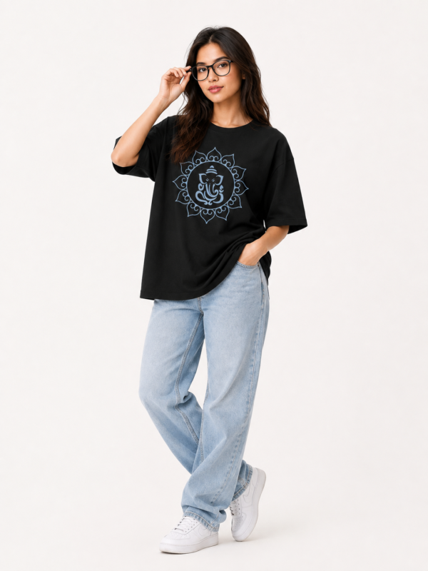 Women’s Black Oversized Lord Ganesha Printed T-Shirt, Loopknit 240 GSM Premium Fabric, Front Mandala Ganesha Graphic & Large Back Ganesha Artwork, Relaxed Loose Fit Half Sleeve Round Neck Graphic Tee, Stylish Spiritual Streetwear Top for Women, Casual Wear, Festive Wear & Ganesh Chaturthi